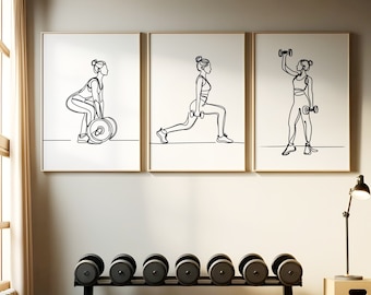 Home Gym Print Set - 3 Gym Prints | Line Drawing Design | Fitness Girl Poster | Women Athlete | Gymnasium Artwork | Weightlifting Gift