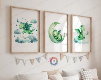 Green Dragon Nursery Posters - Set of 3 Prints | Boys and Girls Bedroom Artwork | Playroom Wall Art | Cute Artwork | Kids Dragons Decor