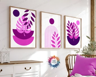 Pink Boho Prints - Set of 3 Wall Prints | Purple Wall Decor | Living Room Posters | Bedroom Artwork | Home Wall Hangings | Botanicals
