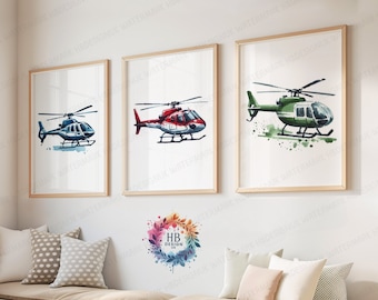 Helicopter Wall Art Prints - Set of 3 | Boys Bedroom Decor | Aircraft A3/A4 Artwork | Watercolor Style | Kid Nursery Poster | Aviation Gifts