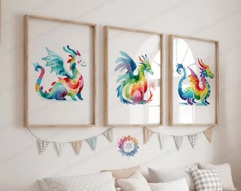 Colourful Dragon Nursery Wall Art - Set of 3 Prints | Boys and Girls Bedroom Artwork | Playroom Posters | Artwork | Kids Dragons Decor