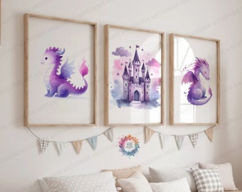 Estampas de dragões para quarto de bebê - Conjunto de 3 artes de parede | Arte para quarto de meninos e meninas | Pôsteres para sala de jogos | Arte roxa | Decoração infantil com dragões