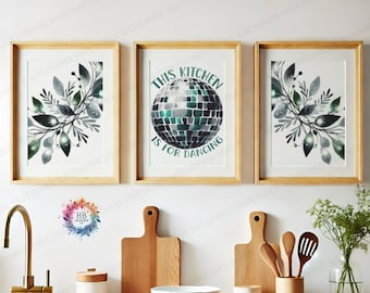 Dancing Kitchen Prints - Set of 3 Wall Art | Green Kitchen is For Dancing Print | Dining Room Decor | Home Room Posters | Gallery Artwork
