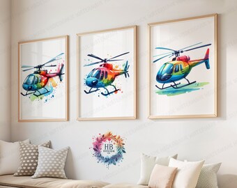 Colourful Helicopter Prints - Set of 3 | Boys Bedroom Decor | Aircraft Wall Art | Watercolor Style | Kids Nursery Poster | Aviation Gifts