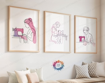 Minimalist Sewing Prints - Set of 3 Wall Art | Pink Woman Artwork | Line Drawing Design | Craft Room Decor | Sewing Gifts | Seamstress Sign