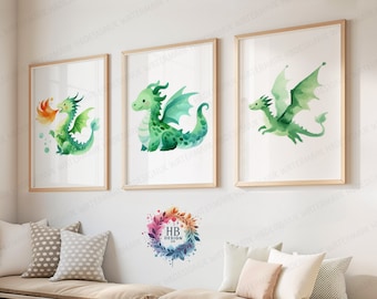 Green Dragon Nursery Posters - Set of 3 Prints | Boys and Girls Bedroom Artwork | Playroom Wall Art | Artwork | Kids Dragons Decor