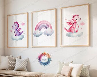 Dragon Nursery Prints - Set of 3 Wall Art | Boys and Girls Bedroom Artwork | Playroom Posters | Baby Artwork | Kids Watercolor Dragons Decor