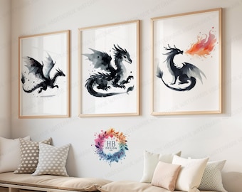 Black Dragon Nursery Posters - Set of 3 Prints | Boys and Girls Bedroom Artwork | Playroom Wall Art | Cute Artwork Decor | Kids Dragons Art