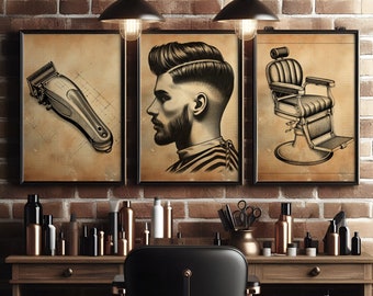 Vintage Barber Print Set - 3 Barbers Shop Posters | Haircut Wall Art | Men's Hairdresser Artwork | Hairstylist Salon Decor Gift | Retro