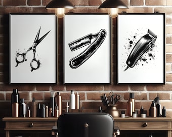 Barber Shop Print Set - 3 Barbers Posters | Haircut Wall Art | Men's Hairdresser Artwork | Hairstylist Salon Decor Gift | Minimalist Picture