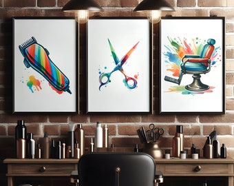 Colourful Barber Wall Art Set - 3 Barbers Shop Posters | Haircut Decor | Men's Hairdresser Artwork | Hairstylist Salon Print Gift | Picture