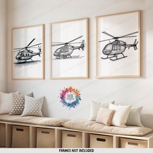 Minimalist Helicopter Prints - Set of 3 Posters | Boys Bedroom Decor | Aircraft Wall Art | Line Drawing Style | | Aviation Gifts