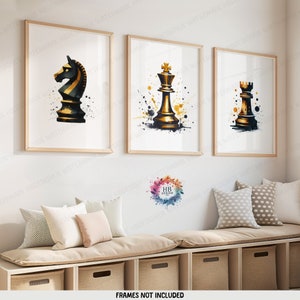Golden Chess Print Set - Set of 3 Boho Posters | Chess Player Gift | Watercolour Prints | Home Decor Print | Chess Lover Boho Wall Art