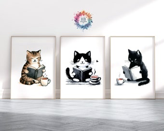 Cats Reading Print Set - Set of 3 Prints | Watercolour Book Design | Home Library Decor | Bedroom Wall Art |  Books Lover | Bookish Gift