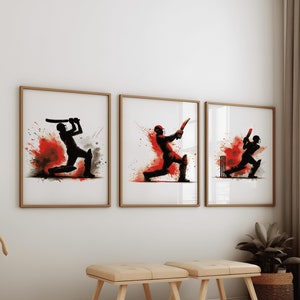 Red Cricket Pictures - 3 Watercolour Posters | Cricket Wall Art Posters | Gift for Cricket Lover | Boys Bedroom Artwork | Room Decor Print