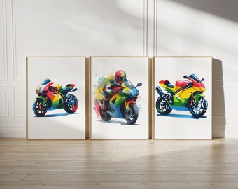 Colourful Motorbike Prints - Set of 3 Posters | Motorbiker Wall Art | Boys Room Decor | Kids Motor Bike Artwork | Dirt Biker Gift