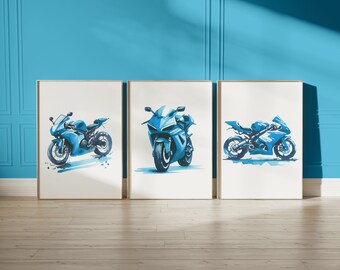 Blue Motorbike Prints - Set of 3 Posters | Motorbiker Wall Art | Boys Room Decor | Kids Motor Bike Artwork | Dirt Biker Gift