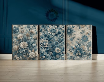 Blue Indian Floral Print Set - 3 Posters | Flower Wall Art | Vintage Cultural Gifts | India Decor | Traditional Artwork Gift | Pichwai