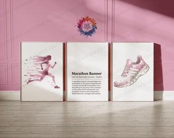 Póster de corredor de maratón: 3 impresiones, arte mural en acuarela, obra de arte de definición, decoración para sala de correr, regalos para mujeres que corren, regalo para niñas