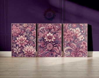 Purple Indian Floral Print Set - 3 Posters | Flower Wall Art | Vintage Cultural Gifts | India Decor | Traditional Artwork Gift | Pichwai