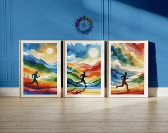Láminas coloridas para correr: pósteres de 3 corredores, arte mural en acuarela, ilustraciones para hombres, decoración para salas de correr, regalos para niños que trotan, arte mural de maratón