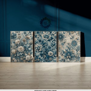 Blue Indian Floral Print Set - 3 Posters | Flower Wall Art | Vintage Cultural Gifts | India Decor | Traditional Artwork Gift | Pichwai