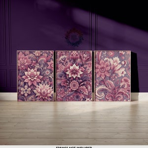 Purple Indian Floral Print Set - 3 Posters | Flower Wall Art | Vintage Cultural Gifts | India Decor | Traditional Artwork Gift | Pichwai