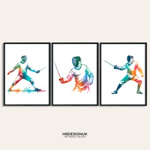 Ensemble d'impressions d'escrime - 3 affiches | Cadeaux d'art mural | Cadeau artistique d'escrimeur | Cadeau d'escrime coloré | Décoration de chambre de garçon | Oeuvre d'art aquarelle pour enfants