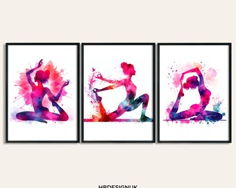 Conjunto de impresión de yoga rosa - Conjunto de 3 carteles / Decoración de la sala de estudio de yoga / Impresiones de arte / Impresiones de mujer de oficina / Regalos de meditación / Imágenes / Obras de arte