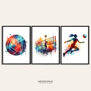 Volleyball Decor Print Set - Set of 3 Volley Ball Prints | Girl Gifts | Watercolour Painting | Wall Art | Volleyball Girls Poster Artwork