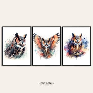 Great Horned Owl Art Print Poster - Set of 3 Posters | Watercolor Painting | Watercolour Picture | Owl Wall Art | Gifts | Woodland Decor