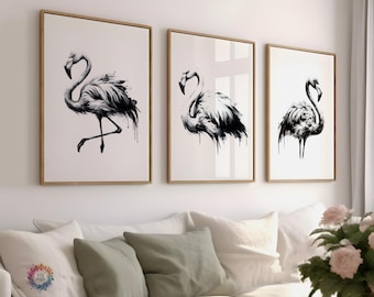 Watercolour Flamingo Prints - Set of 3 Designs | Flamingos Wall Art Print | Beach House Prints | Black & White Modern Artwork Posters