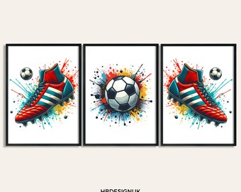 May include: Three colorful prints featuring a red and blue soccer cleat and a black and white soccer ball with a splash of colorful paint behind them.