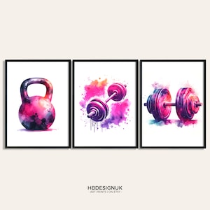 Home Gym Decor Print - 3er-Set Gym Posters | Aquarell Design | Hantel Poster | Fitness Wall Art Bilder | Kettlebell Home Gym Kunstwerk