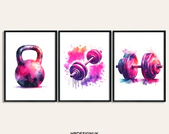 Home Gym Decor Print - Set of 3 Gym Posters | Watercolour Design | Dumbbell Poster | Fitness Wall Art Pictures | Kettlebell Home Gym Artwork