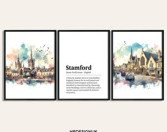 Stamford Poster Set - Set of 3 Watercolour Prints | Lincolnshire Travel Prints | Stamford Poster Designs | UK Wall Art | Artwork Decor Gift