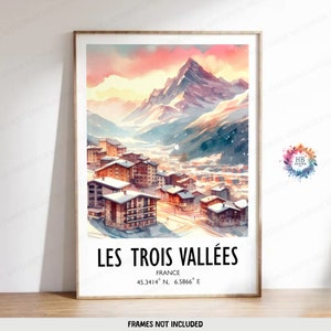 Les Trois Vallees posterprint - aquarel ski alpine kunst | Reiskunstwerk aan de muur | Skicadeaus | Decor Franse Alpen | Drie valleien
