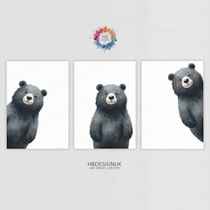 Peeking Black Bear Prints - Set of 3 Nursery Posters | Animal Playroom Decor | Gender Neutral Baby Wall Art | Peekaboo Poster Print A3/A4