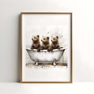 Bear Cub Bathroom Print - Animal Bathtub Poster | Bath Room Wall Art | Vintage Bath | Watercolour Bathroom Print | Kids Animals Artwork