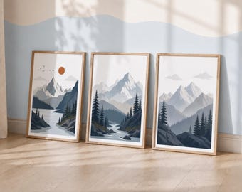 Mountain Nursery Print Set of 3 - Kids Adventure Themed Decor, Sunset Boys Bedroom