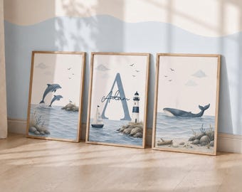 Personalised Ocean Themed Nursery Prints - Set of 3 Sealife Decor, Under the Sea Wall Art