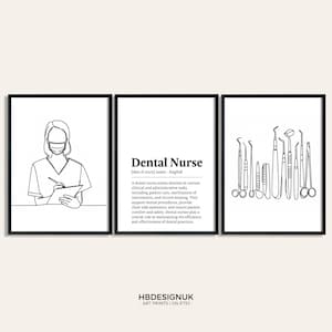 Dental Nurse Print - Set of 3 Posters | Dentist Office Decor | Definition Clinic Line Art | Minimalist Prints |  Orthodontic Gift