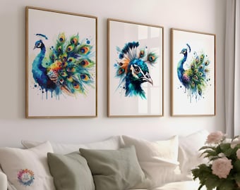 Peacock Portrait Print Set - Set of 3 Posters | Watercolor Painting | Bird Artwork | Peacock Wall Art | Colourful Modern Style | Gift