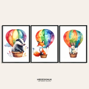 Hot Air Balloon Nursery Prints - Set of 3 Woodland Posters | Boho Name Prints | Colourful Girls Boys Wall Art | Kids Bedroom Decor Gift