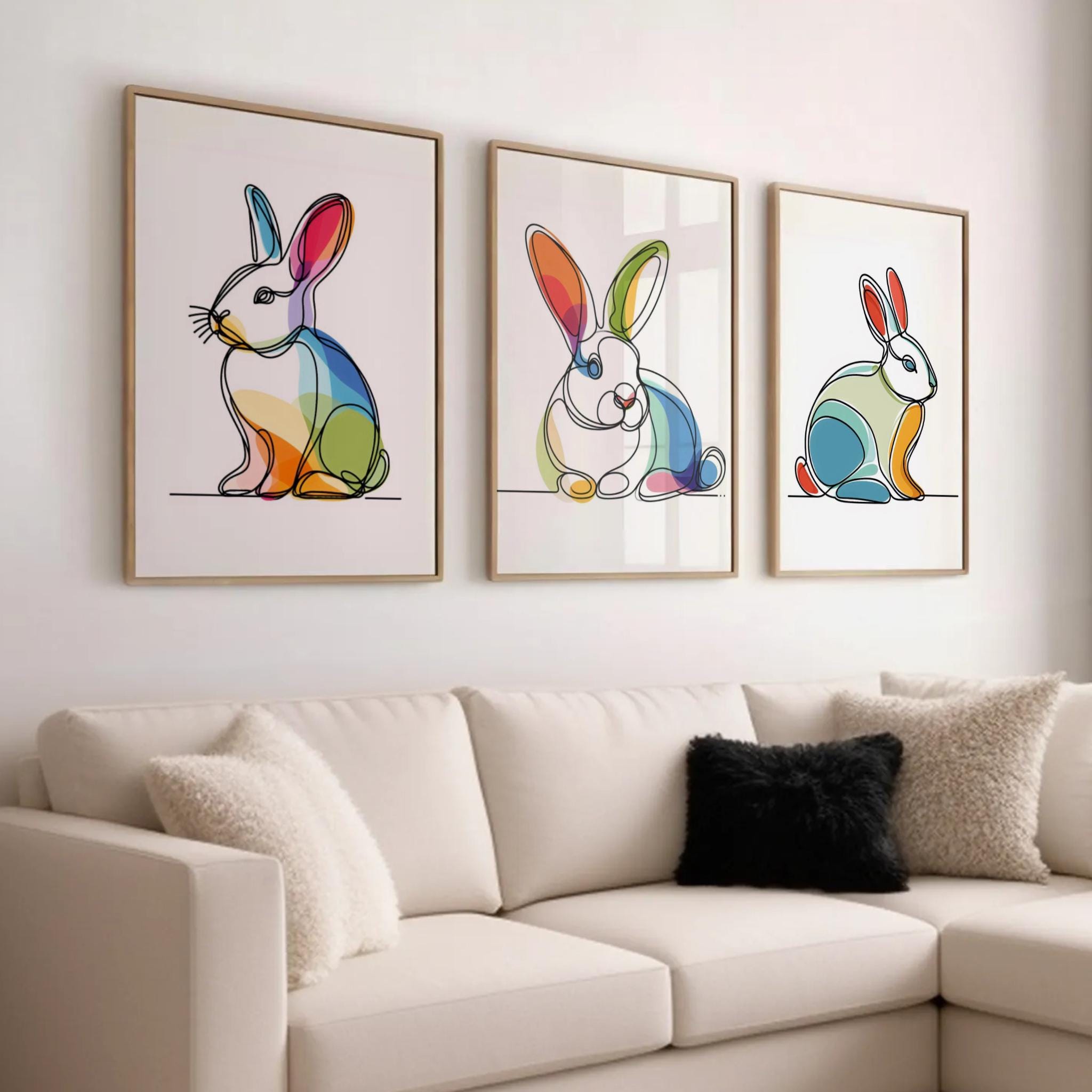 Multicolour Rabbits Colourful Rabbit Line Art Set of 3 | Modern Bunny Wall Prints ...