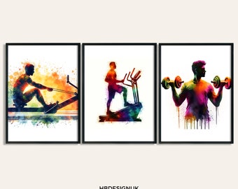 Home Gym Wall Art Print - Set of 3 Gym Posters | Watercolour Posters | Mens Running Poster | Fitness Decor Pictures | Home Gym Wall Artwork