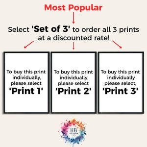 May include: Three black framed prints with white text on a white background. The text reads: 'To buy this print individually, please select 'Print 1', 'Print 2', 'Print 3'. The prints are arranged in a row. The text 'Most Popular' is above the prints. The text 'Select 'Set of 3' to order all 3 prints at a discounted rate!' is below the prints.