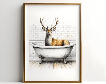 Deer Bathroom Print - Animal Bathtub Poster | Bath Room Wall Art | Vintage Bath | Watercolour Bathroom Print | Kids Animals Artwork