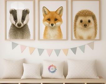 Woodland Nursery Print Set - 30 Design Choices, Badger Fox Hedgehog, Baby Bedroom Decor, Boys Girls, Forest Animal Prints, Kids Wall Art