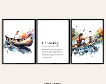 Conjunto de pôsteres com impressão de canoagem - Conjunto de 3 pôsteres de canoa | Pintura em aquarela | Decoração Decoração | Presentes de arte de parede de canoa | Presente de arte